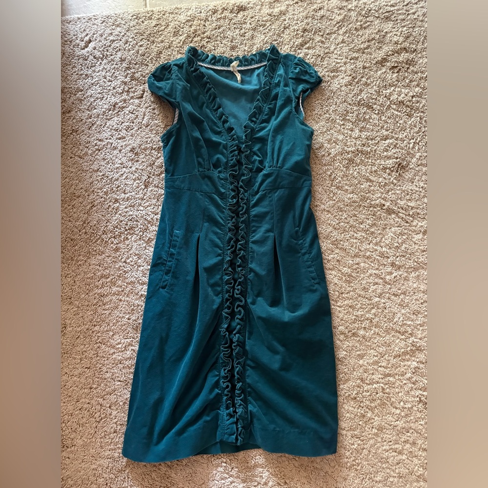 Maeve Teal Ruffle-Front Cap Sleeve Dress